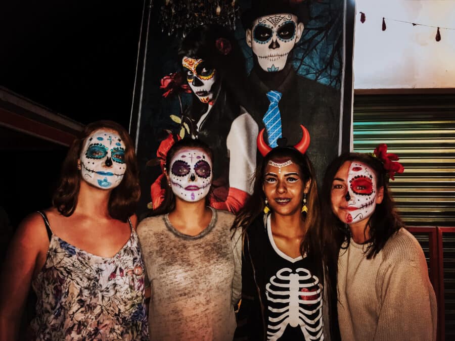 Helen and friends with their vibrant Day of the Dead make up on, Etla, best things to do in Oaxaca, Mexico