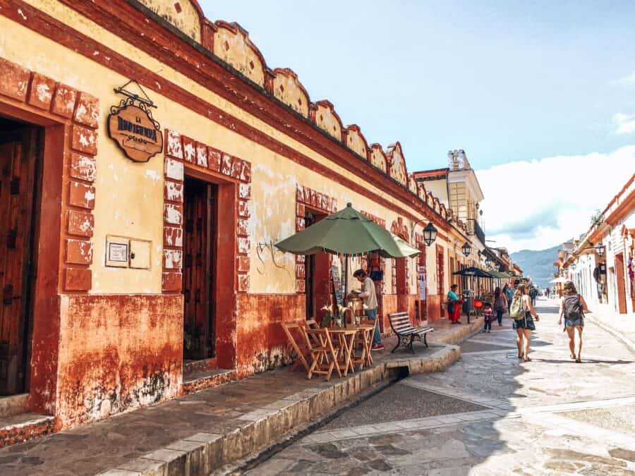 The colourful buildings lining the cobbled pedestrian street Real de Guadeaupe, San Cristobal, Mexico