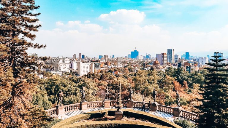 The view from Chapultepec Castle over the Chapultepec Forest and out to the towering skyscrapers of Mexico City