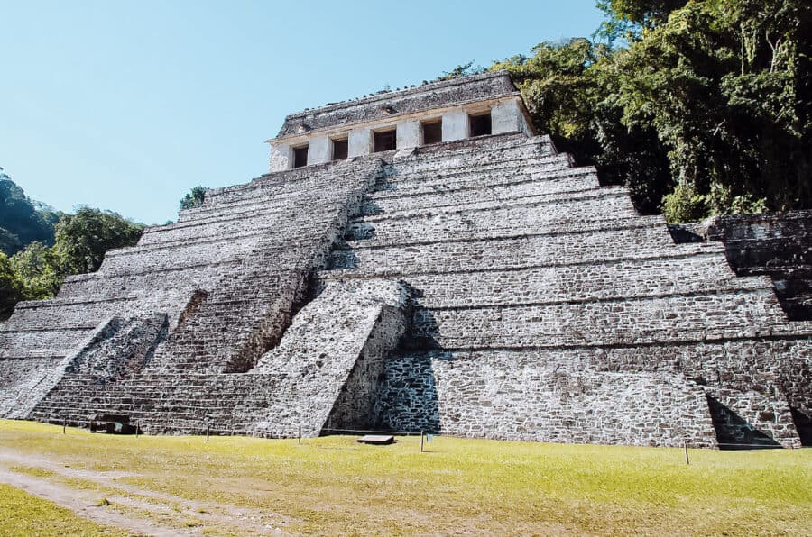 The imposing Temple of the Inscriptions in tropical Palenque, Chiapas, Mexico