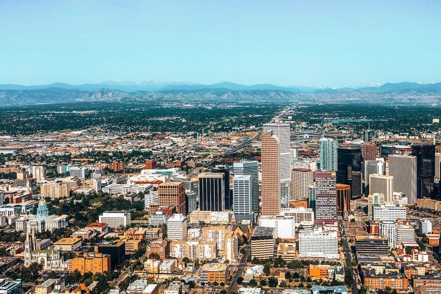 View above Denver across the city to the Rocky Mountain National Park, Colorado