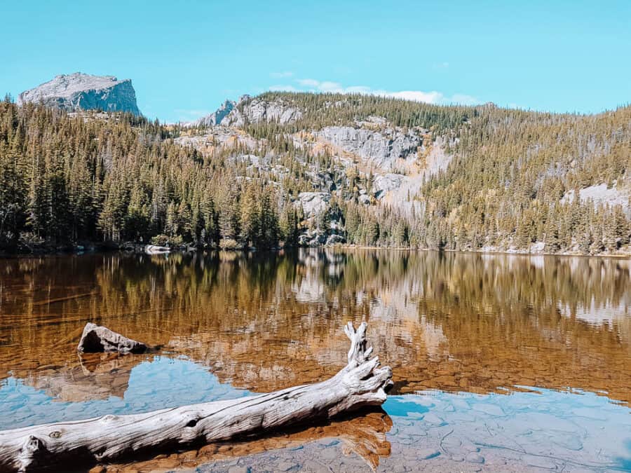 Hallett Peak looming over Dream Lake is one of the top places to visit in Colorado, Rocky Mountain National Park