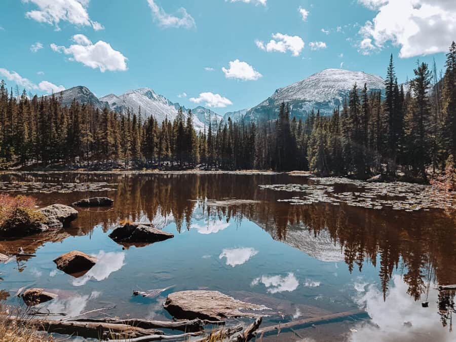 The picturesque Nymph Lake ringed by pond lilies, Rocky Mountain National Park, Colorado