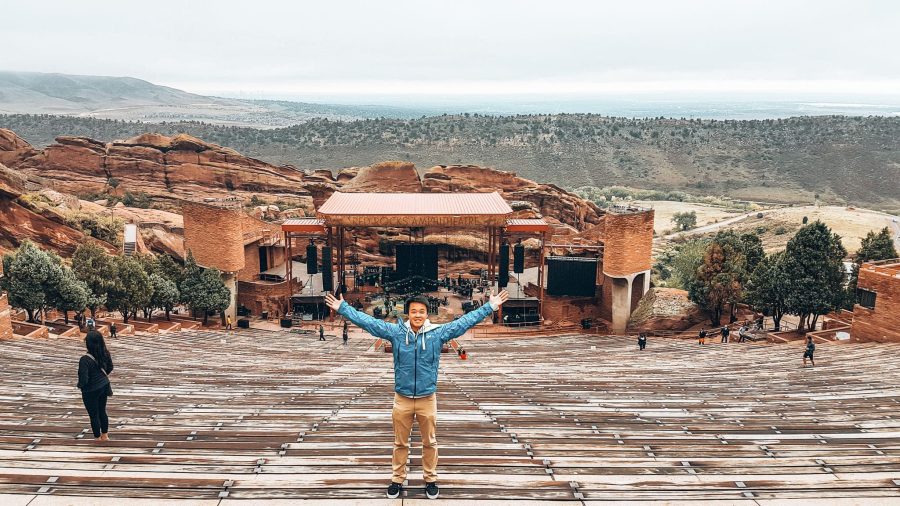 Andy standing in the Red Rock Amphitheatre, Denver, best things to do in Colorado