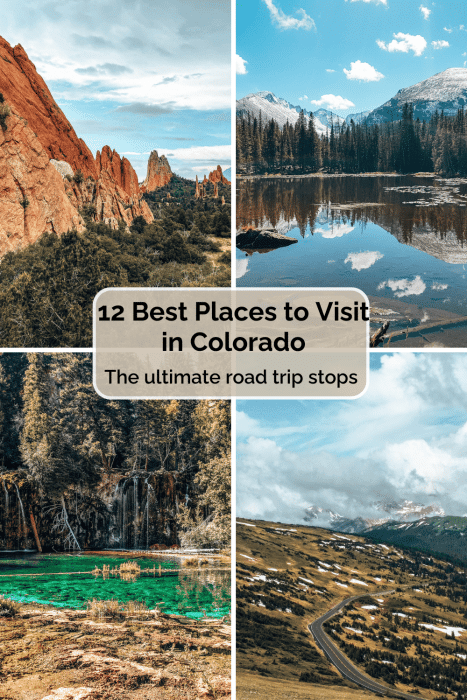 A pin on the best places to visit in Colorado with images of Hanging Lake, Garden of the Gods, Rocky Mountain National Park and Trail Ridge Road