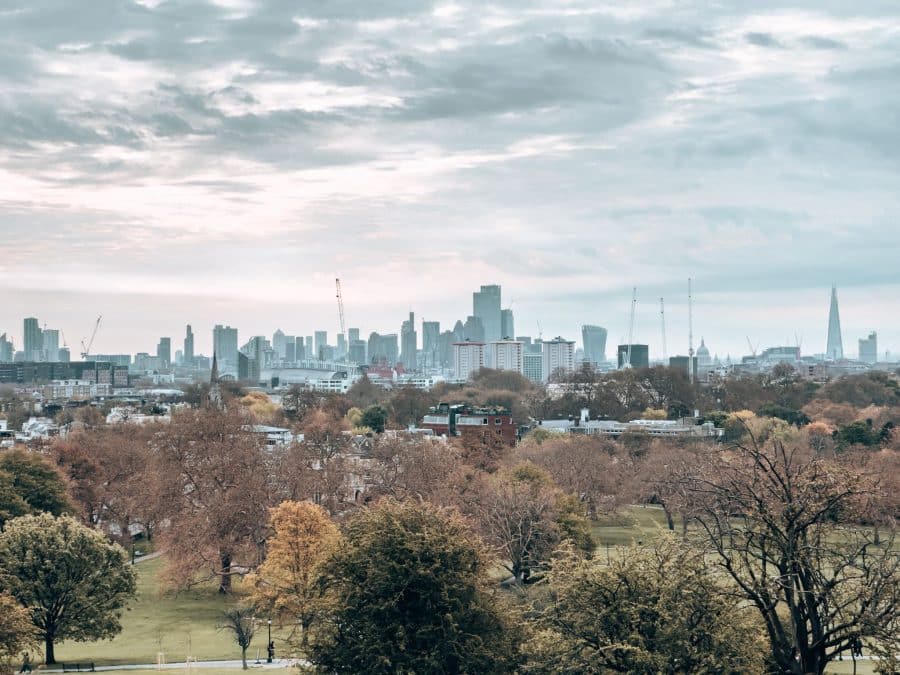 Skyline view across the City of London from Primrose Hill, Regent's Park, London