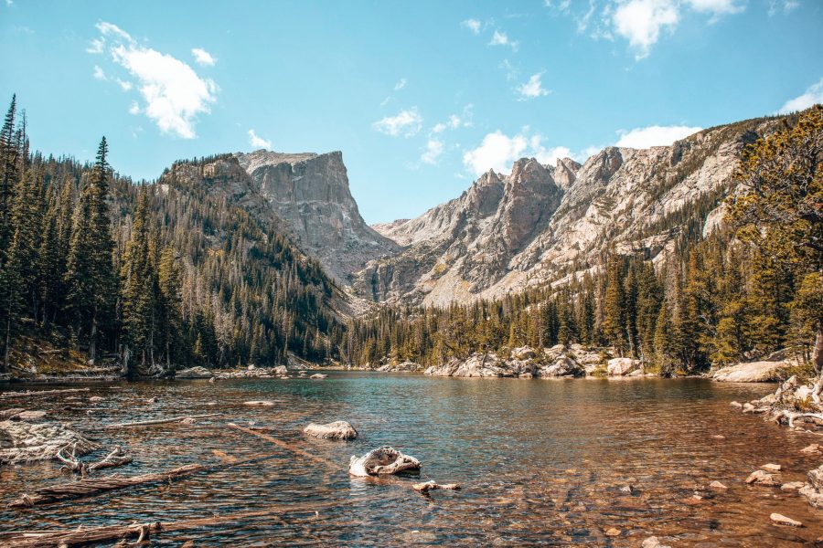 Emerald Lake surrounded by greenery and mountains, Rocky Mountain National Park, Colorado