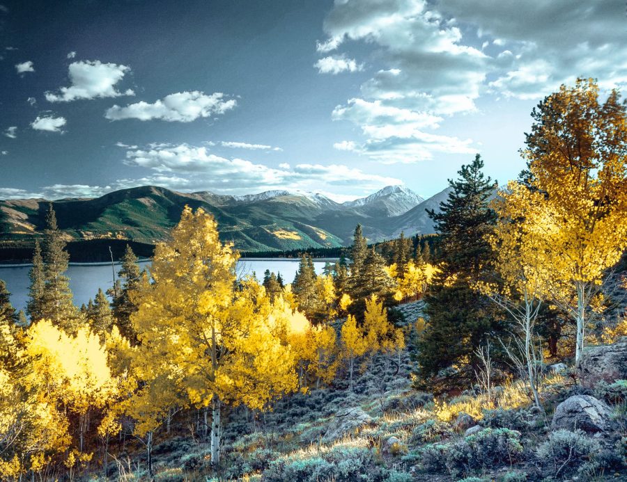 View over golden trees and Twin Lakes, Colorado