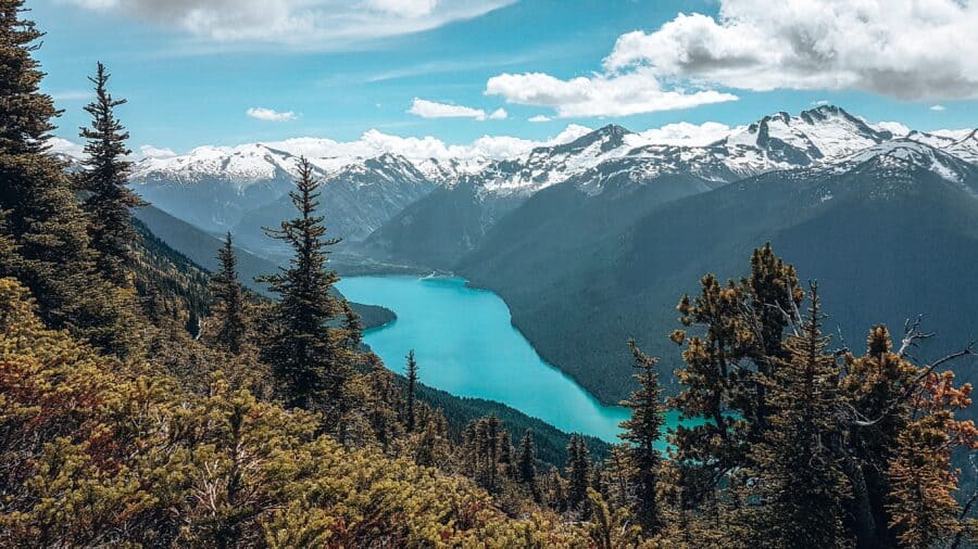 Birds-eye view of Cheakamus Lake seen from the summit of Whistler Mountain, Garibaldi Provincial Park, Canada