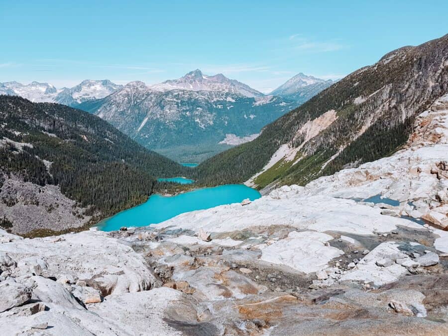 The 3 Joffre Lakes lined up from Matier Glacier are some of the most beautiful lakes in Western Canada