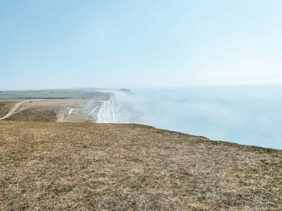 A thick wall of mist as it hits land above the cliffs on the Seven Sisters Walk, East Sussex