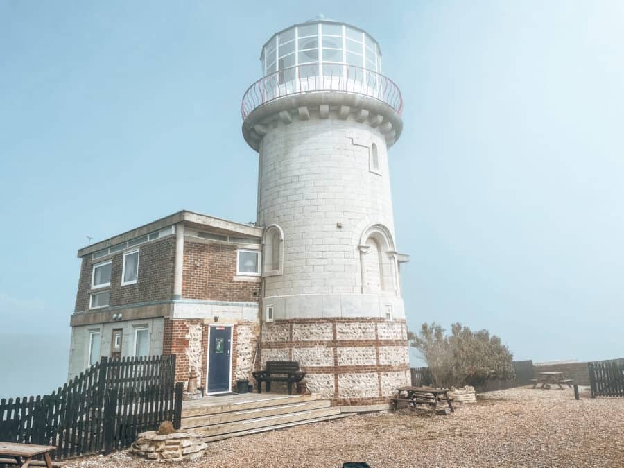 Belle Tout Lighthouse shrouded in mist on our Seven Sisters Walk, East Sussex