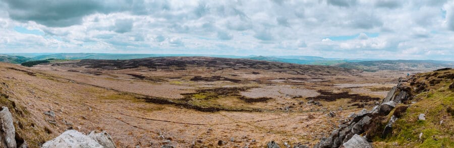 Panoramic view from Stanage Edge towards Castleton and Hope Valley over the Bamford Moor, The Peak District