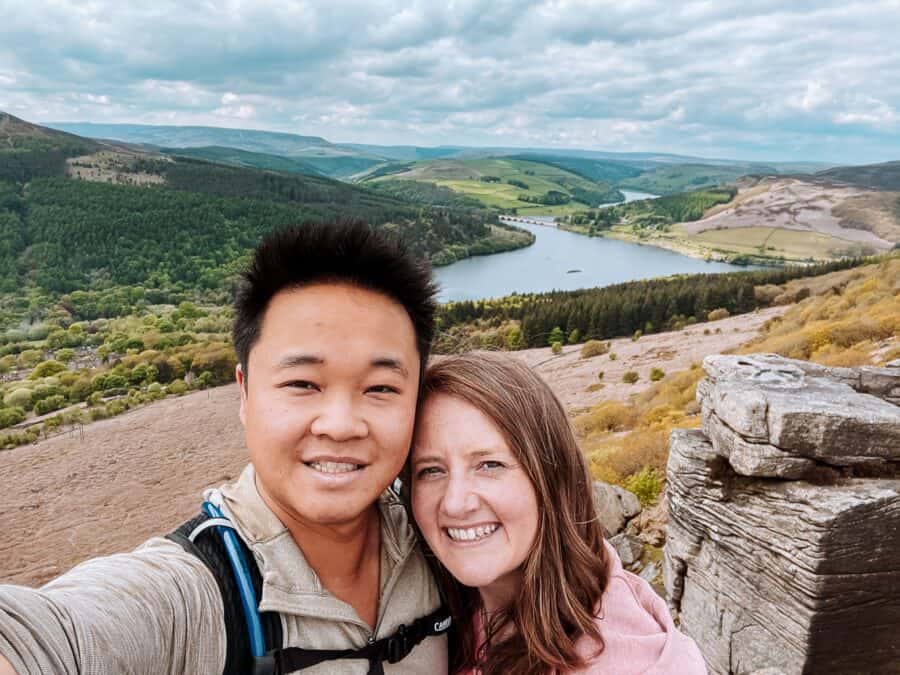 Andy and Helen on Bamford Edge overlooking the gorgeous Ladybower Reservoir, Peak District, England