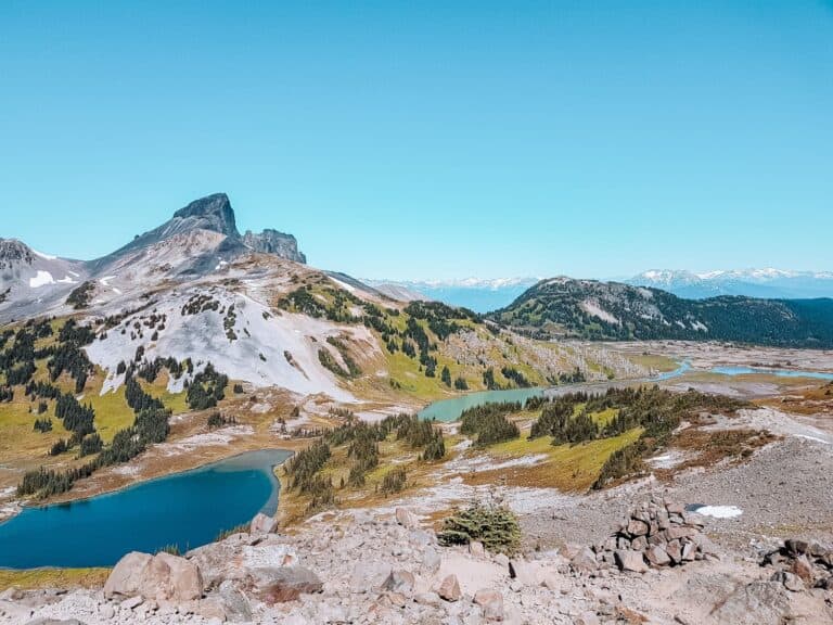 The view across to Black Tusk and the pristine alpine lakes below on the Panorama Ridge Hike, Garibaldi Provincial Park, Whistler, Canada