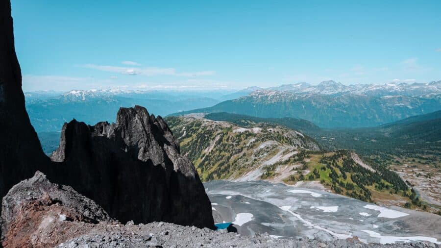 The view from Black Tusk over the surrounding mountains over to Whistler, Canada