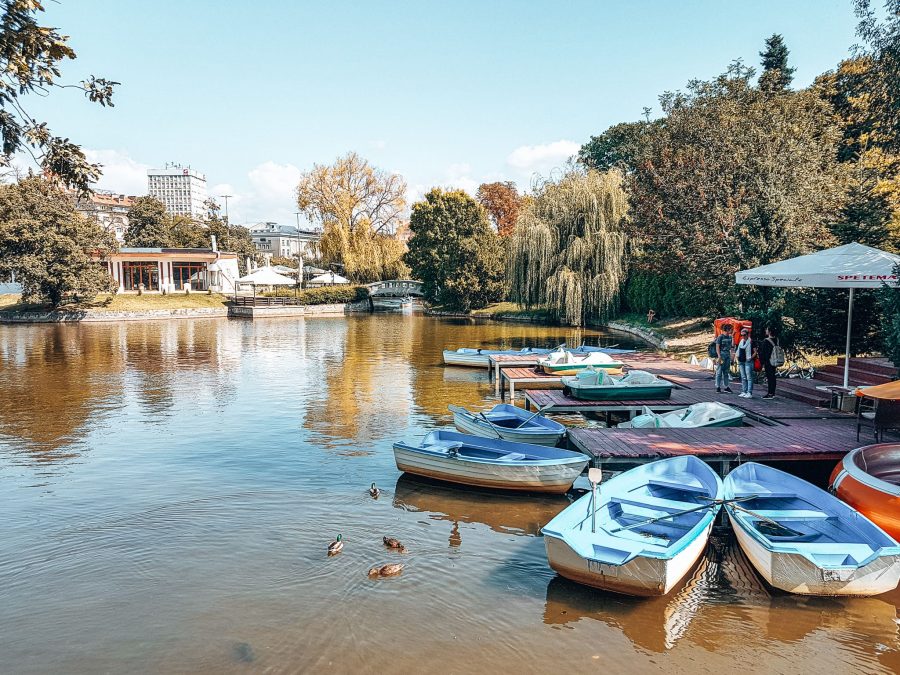 The peaceful Ariana Lake, Borisova Gradina, Sofia with rowboats surrounded by trees