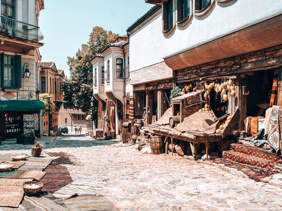 Shops in Plovdiv's Old Town lining the narrow cobbled streets, things to do in Bulgaria