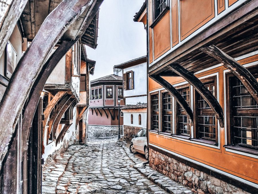 The colourful and elegant townhouses in Plovdiv Old Town line the narrow cobbled streets, Bulgaria