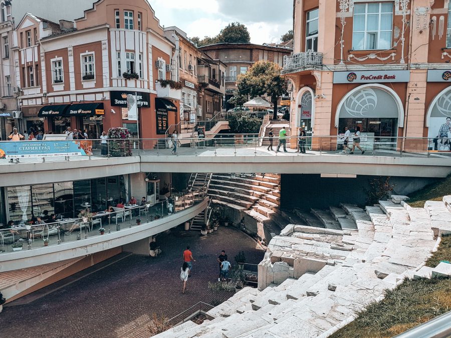 Shops surround the Roman Stadium Plovdiv, Bulgaria