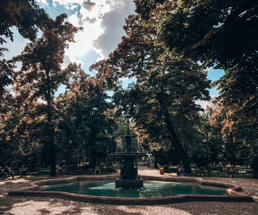 Fountain in the shaded Tsar Simeon Central Garden, Plovdiv, Bulgaria