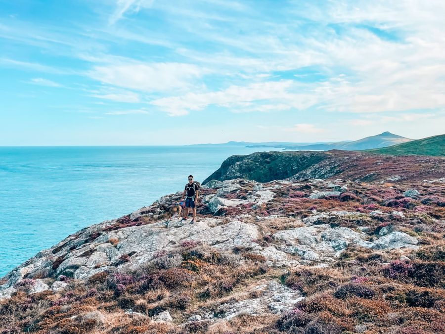 Andy and Plum on the rugged and deserted Pembrokeshire Coast Path from Whitesands to Porthgain, Wales