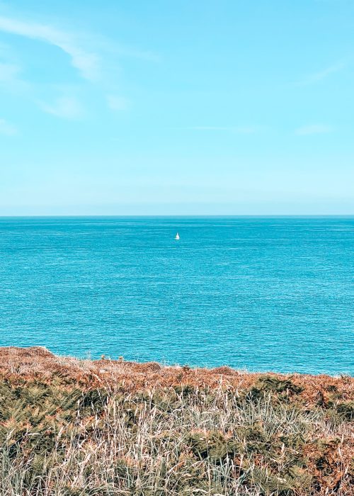 A yacht in the distance on the calm turquoise ocean on the Coastal Path Pembrokeshire, Wales