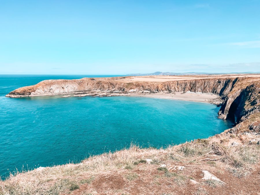 View towards Traeth Llyfn Beach, last stop on our Whitesands to Porthgain walk, Pembrokeshire, Wales