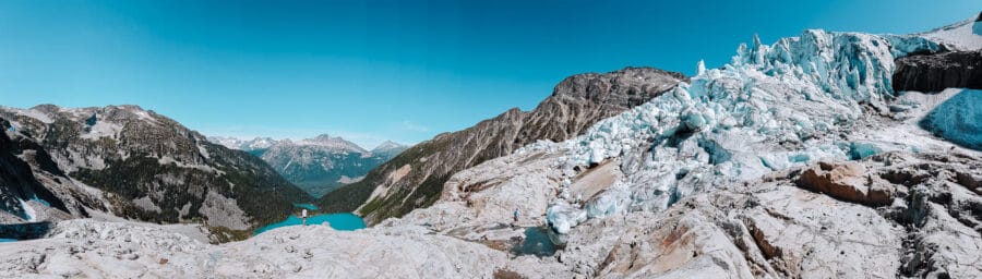 Feeling on top of the world overlooking Joffre Lakes at Matier Glacier, Canada