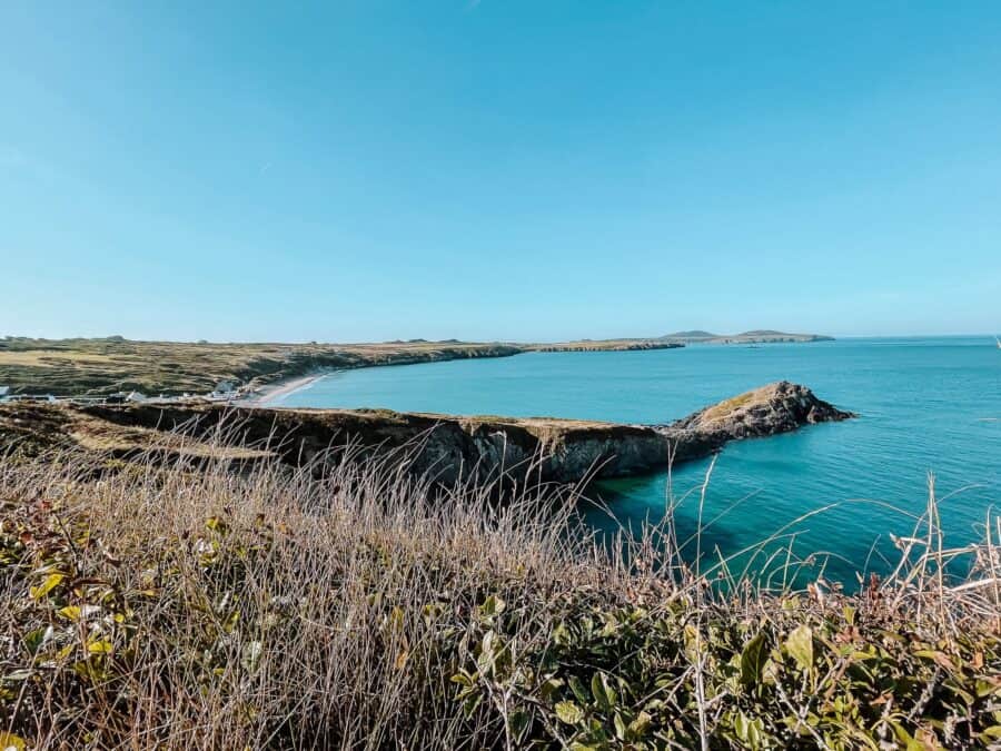 Looking back over Whitesands Bay and the surrounding ocean as we walk to Porthgain, Pembrokeshire, Wales, UK