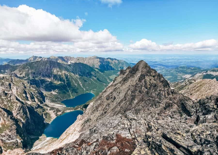 The breathtaking panoramic view from Rysy Peak over Morskie Oko, Czarny Staw and the Tatra Mountains is one of the best things to see in Zakopane, Poland