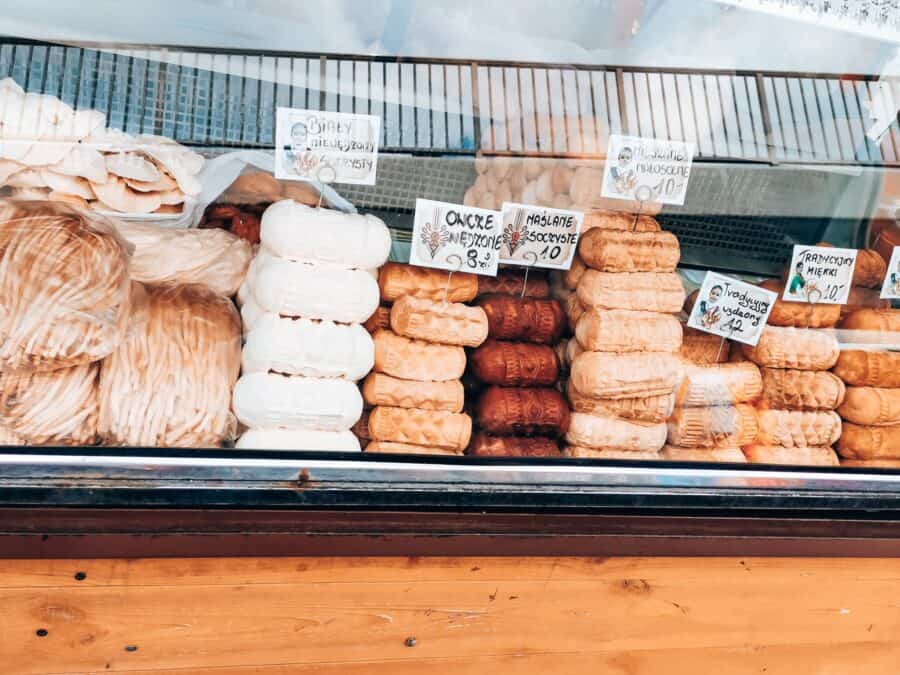 A stall of local Oscypek cheese, Zakopane, Tatra Mountains, Poland