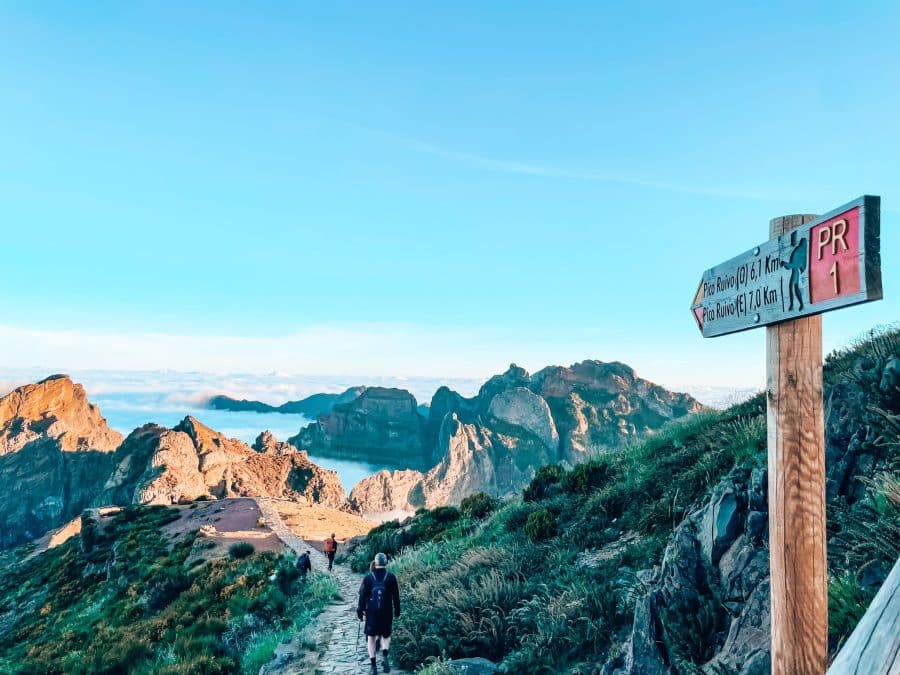 Sign for the Pico do Arieiro to Pico Ruivo Hike above the clouds, Madeira, Portugal