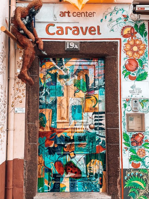 A brightly painted door in Funchal Old Town, Madeira, Portugal