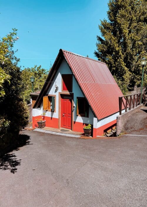 The exterior of a colourful traditional Santana house that we stayed in, Madeira, Portugal