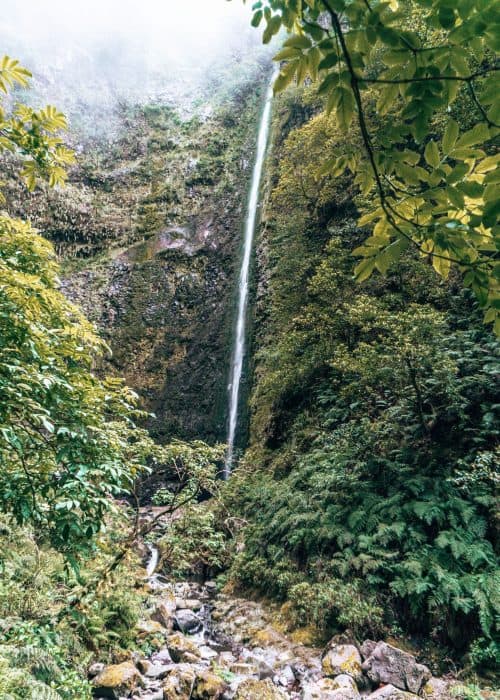 The 100m Caldeirão Verde Waterfall plummeting down the cliffs, Queimadas Forestry Park, Madeira, Portugal