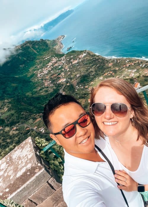 Andy and Helen overlooking the lush interior and turquoise ocean of Madeira's north coast at Miradouro das Cabanas, Madeira, Portugal