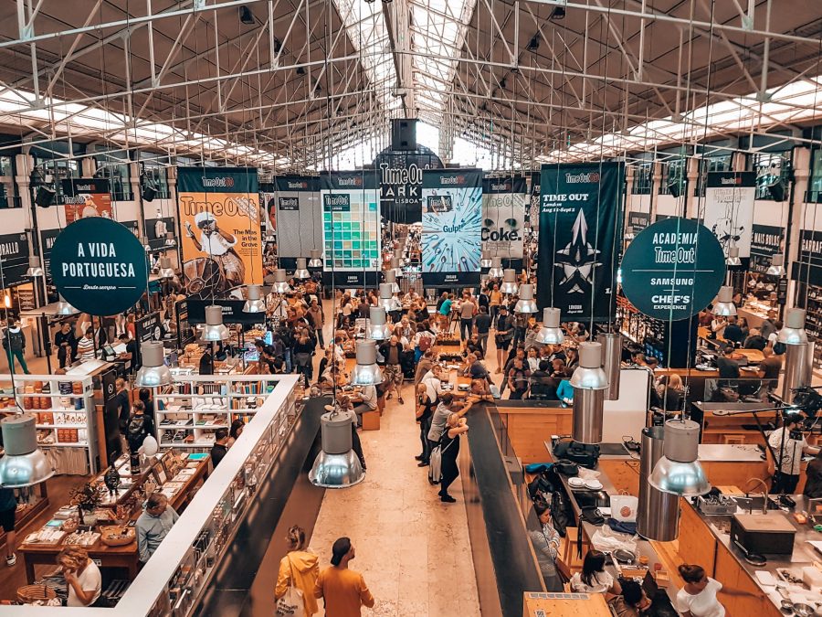 Numerous food stalls at the Time Out Market in Lisbon, Portugal