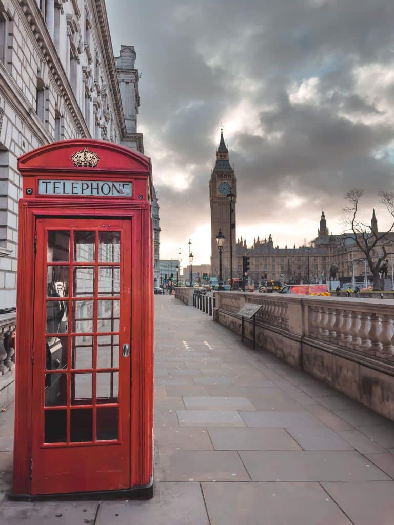 The iconic photo spot of the red telephone box in front of Big Ben on a moody cloudy morning, London, England, UK