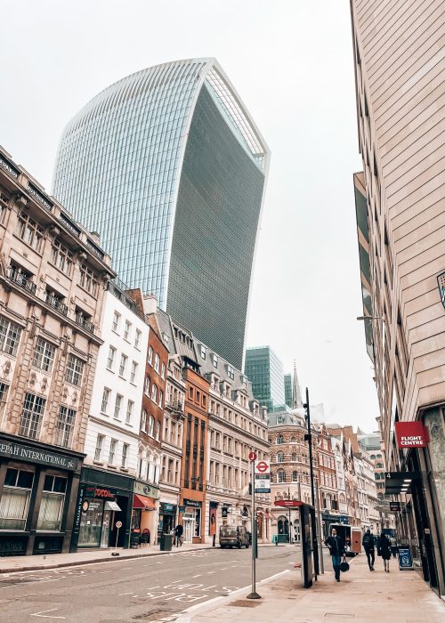 The Walkie Talkie Building next to a very quiet street in the City of London at the weekend, UK