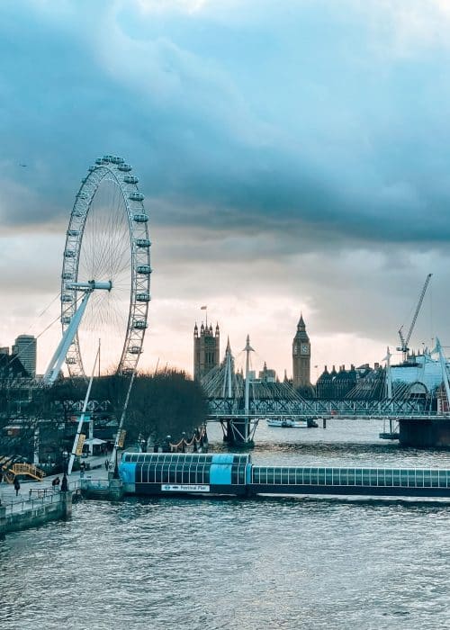 View across the Thames at the London Eye and Big Ben, London, England, UK