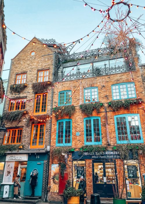 Quaint buildings in Neal's Yard with vibrant colourful windowpanes and doors in a courtyard with trees, benches and shops, Covent Garden, London