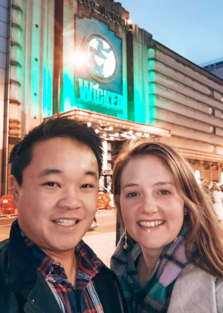 Andy and Helen outside The Apollo Theatre in London's West End to see Wicked