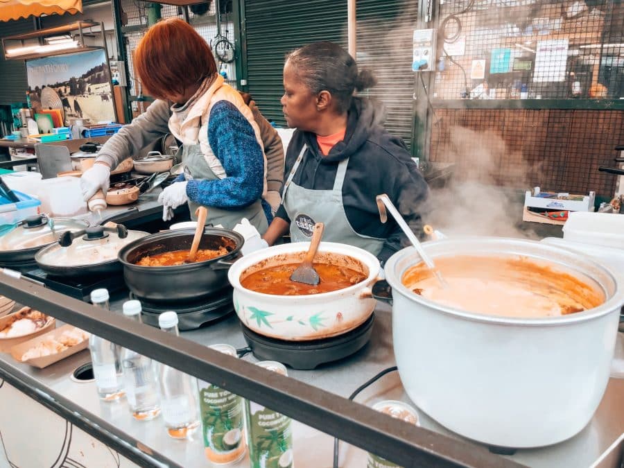 A street food stall serving Malaysian food at Borough Market, London, England, UK