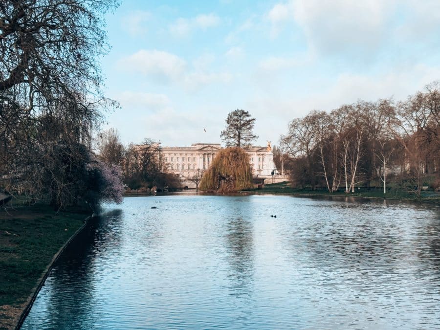 An amazing view of Buckingham Palace from St James's Park across the pond, London, England, UK