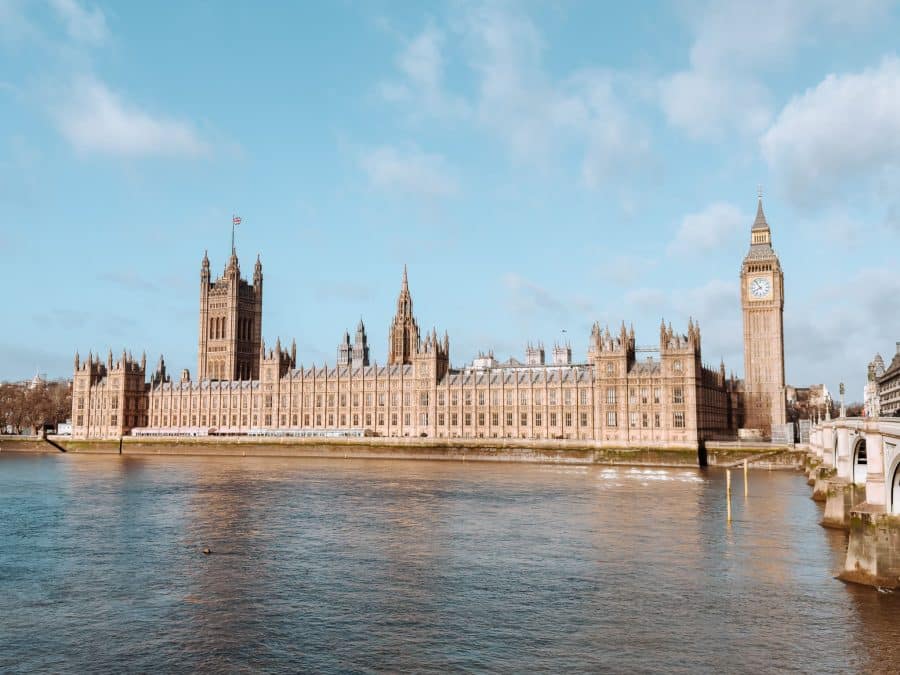 Big Ben and the Houses of Parliament across the River Thames from Westminster Bridge inLondon, England, UK