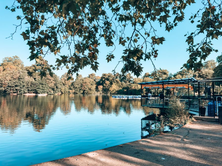 The terrace at Victoria Park Cafe perched overlooking Victoria Park Lake, East London