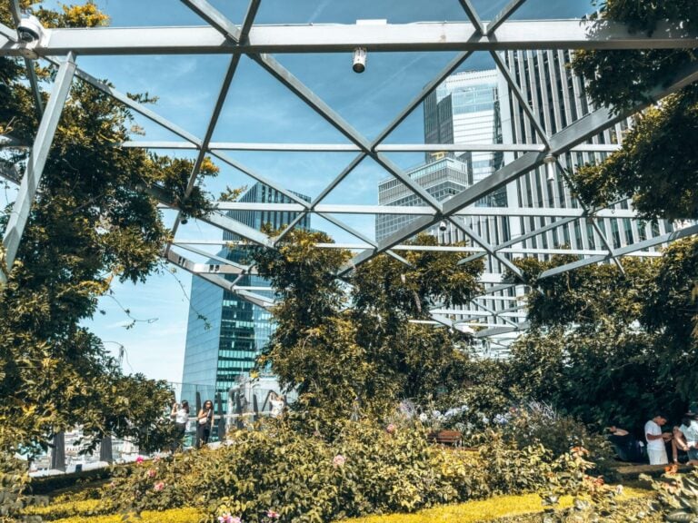 Skyscrapers towering above the Garden at 120 full of plants, London