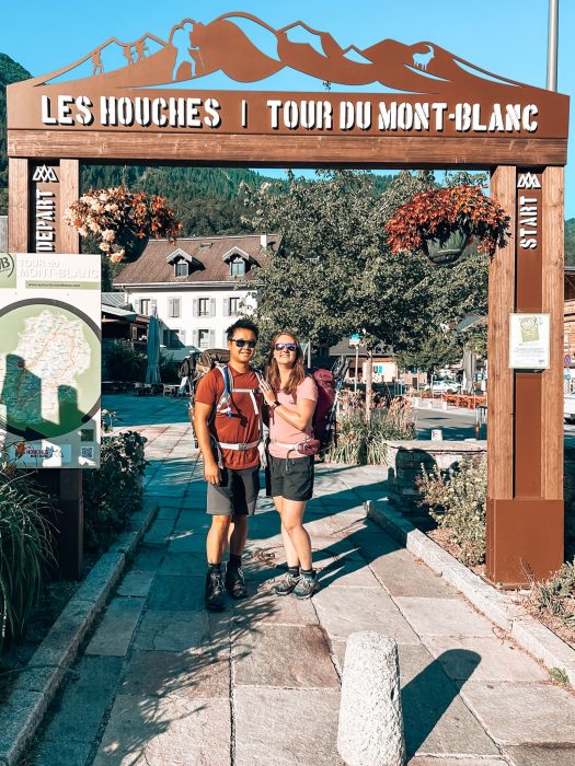 Helen and Andy in Les Houches at the starting point of the Tour du Mont Blanc Hike, Chamonix, French Alps, France