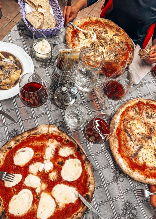 Delicious pizza, pasta and wine at La Boîte, Courmayeur, Aosta Valley, Tour du Mont Blanc, Italy